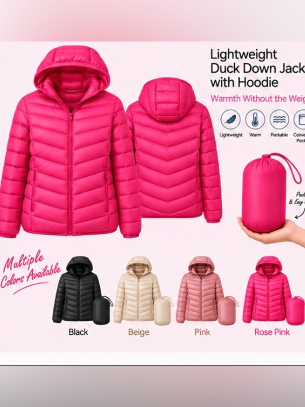 Women Lightweight pocketable  Hooded Puffer Jacket - Pink 2xL